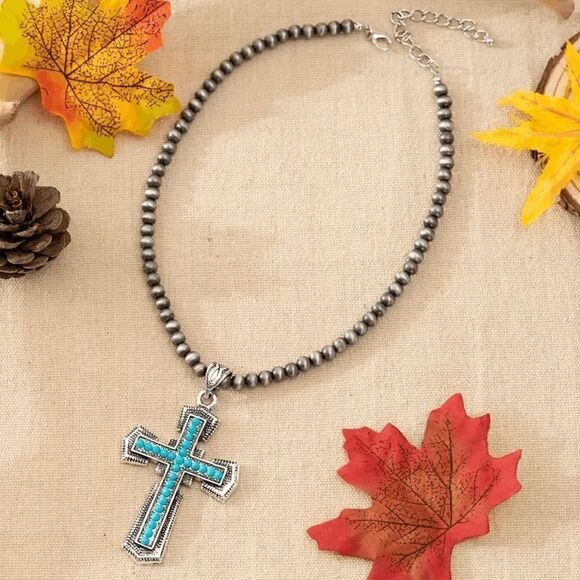 Western Turquoise Silver Bead Cross Pendant Necklace - Picture 1 of 5